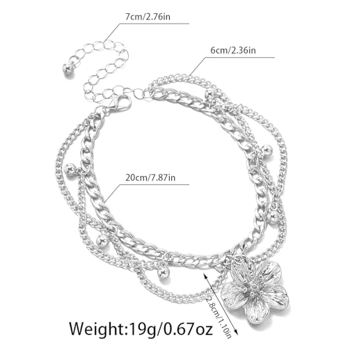 Flower Tassel Charm Anklet for Women Layered Boho Floral Ankle Chain Bracelet Adjustable Summer Beach Jewelry Foot Accessories - color: Silver