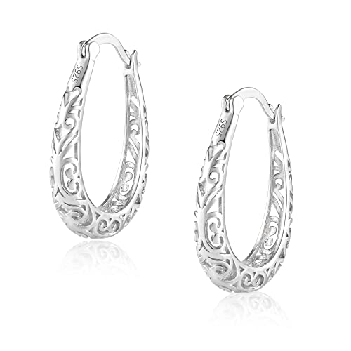 Silver Post Filigree Hoop Earrings for Women Hollow Oval Hoop Earrings | Hypoallergenic U Shaped Hoops Earring for Jewelry - color: A-Silver