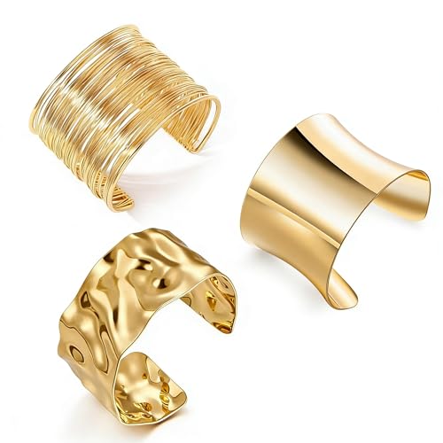 3PCS Gold Chunky Cuff Bracelets for Women Irregular Minimalist Statement Bangle Bracelets Set Open Wide Bangle Arm Cuff Upper Arm Punk Jewelry - color: 3PCS Chunky Gold Cuff Bracelets