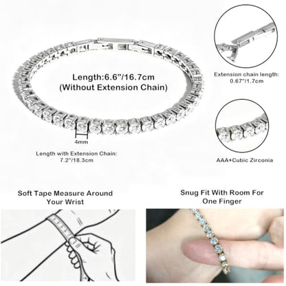 Tennis Bracelets for Women Men Adjustable, AAA Cubic Zirconia Stainless Steel Bracelet Sparkle Simulated Diamond Bangle - color: Silver