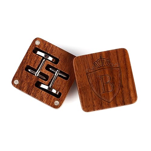 Mens Initial Silver Cufflinks A-Z Alphabet Letter Steel Cuff Links with Engraved Walnut Wood Box Groom Groomsman Wedding Set… - style: B