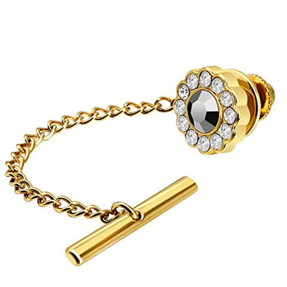 AMITER Crystal/Pearl Tie Tack with Chain, Gold Mens Tie Pin Necktie Pins Lapel Pin for Wedding Birthday Anniversary Party - color: 24k Gold+Grey Crystal