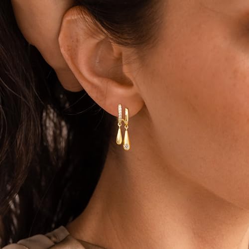 Pearl Earrings for Women Trendy, 14k Gold Plated Freshwater CZ Leaf Pearl Dangle Drop Gold Earrings Lightweight Hypoallergenic Stud Earring Bridesmaid Wedding Gold Jewelry for Women Gifts - style: cz teardrop earrings-1