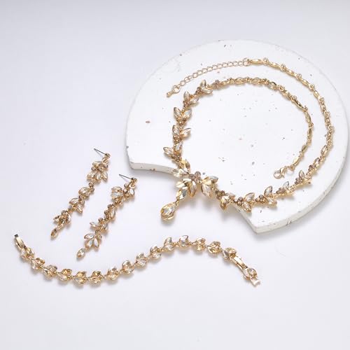 EVER FAITH Marquise Crystal Leaf Bridal Prom Jewelry Set for Women Bride | Rhinestone Wedding Party Necklace Dangle Earrings Tennis Bracelet, for Bridesmaid - color: Champagne