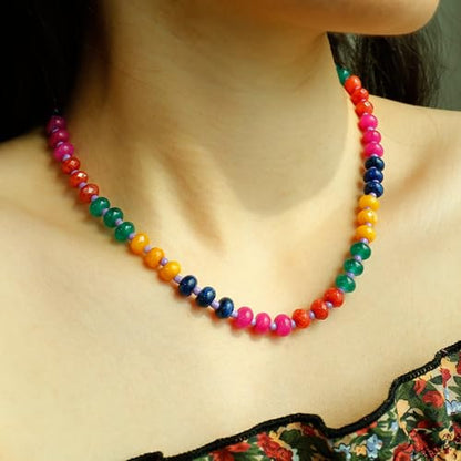 Joya Love Colorful Gemstone Beaded Necklaces For Women Trendy Rainbow Natural Stone Boho Handmade Stainless Steel Waterproof Strand Necklaces Jewelry For Women Gift - color: Red jump colour