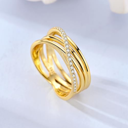 Hapour 925 Sterling Silver Rings for Women Firefly Ring, Glow in the Dark | Sun Moon Star Band Ring Rainbow Evil Eye Chunky Heart Thumb Pinky Stackable Dainty Ring, 14K Gold Plated, Cubic Zirconia - color: Gold Layered Intertwined, size: 8