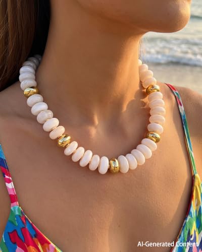 FIRAZIO Colorful Chunky Beaded Necklaces for Women | Trendy Statement Necklace Choker Necklace Boho Summer Beach Vacation Jewelry Gift - color: White Beaded