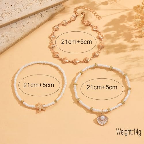 Gold Shell Ankle Bracelets for Women Adjustable Boho Beach Jewelry Set With Starfish Conch Pearl Bead Summer Vacation Foot Accessories Gifts for Travel - color: Gold-C