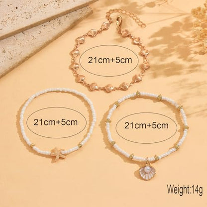 Gold Shell Ankle Bracelets for Women Adjustable Boho Beach Jewelry Set With Starfish Conch Pearl Bead Summer Vacation Foot Accessories Gifts for Travel - color: Gold-C