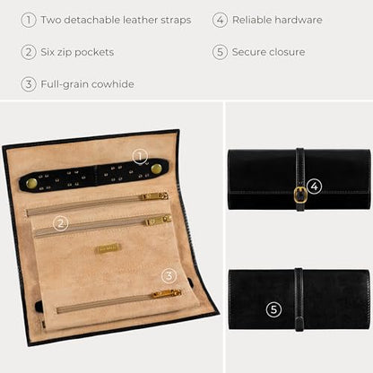Time Resistance Leather Jewelry Roll - Full Grain Leather Travel Jewelry Case - Jewellery Organizer Made in Italy (Black) - color: Black