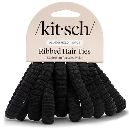 Kitsch Ribbed Hair Ties No Damage - Black, 10pcs | Strong, Stretchy & Snag-Free Hair Bands – Soft Fabric Ponytail Holders, Stylish Elastics for Everyday Hairstyles - color: Black Ribbed (Pack of 10)