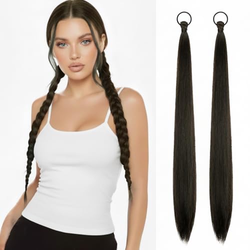 2 PCS Black Brown Ponytail Extension with Hair Tie DIY Braided Ponytail Extension Warp Around Yaki Straight Sleek Hairpieces Light and Soft Fluffy Stayle Ponytail for Women Daily Party Use - color: Brown Black