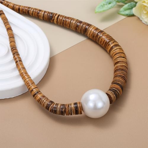 Elisheva Beaded Statement Necklace, Bohemian Layered Wood Bead and Turquoise Necklace, Chunky Coconut Shell Collar Necklace, Tribal Collar Jewelry for Women - color: Coconut Shell and Pearl