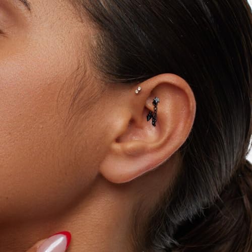 3 Pcs 316L Stainless Steel 16G Tragus Helix Rook Piercing Jewelry with Chain, Cartilage Earrings for Women, Belly Button Ring Vertical Labret Lip Piercing Jewelry - color: Black, size: Star