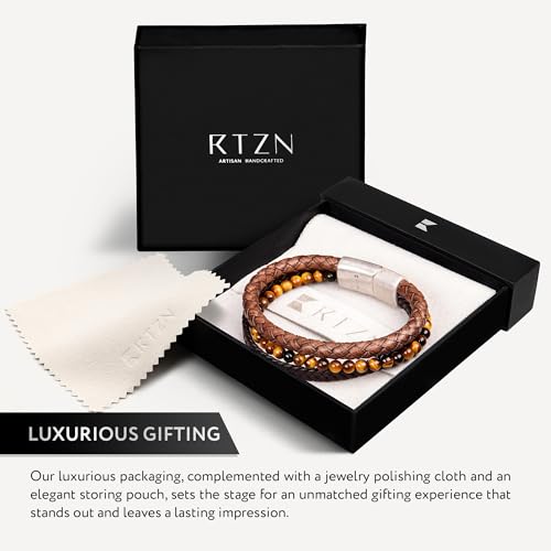 RTZN® Brown Leather Bracelet for Men – Premium Artisan Handcrafted Mens Leather Bracelet – Multi-Stand Mens Bracelet Leather Collection | Beaded Tiger Eye, Silver Chain, and Braided Brown Leather - color: Multi-Strand, size: Medium