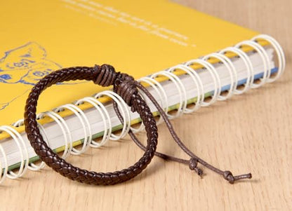 Leather Surfer Cuff Bracelet: Adjustable Braided Rope Woven Wrap Wristband for Men Women, Fit 7.6-10.6 inch Wrist - color: Brown