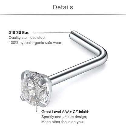 SCERRING 18G Stainless Steel L-Shaped Nose Stud Rings Tragus Lip Hoop Piercing Jewelry 1.5-3mm Clear CZ 8-30PCS - color: 16PCS - Silver