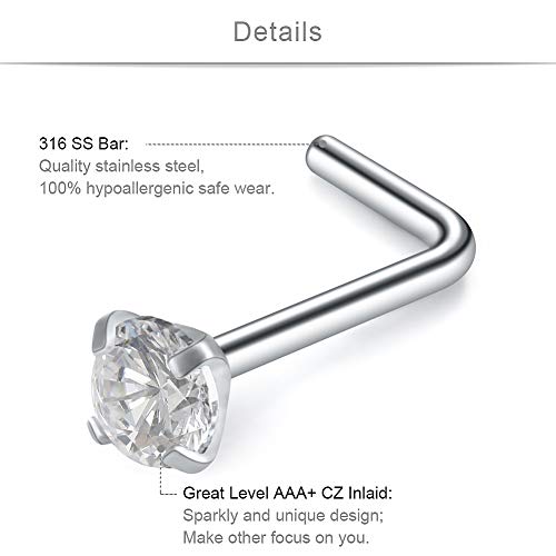 SCERRING 18G Stainless Steel L-Shaped Nose Stud Rings Tragus Lip Hoop Piercing Jewelry 1.5-3mm Clear CZ 8-30PCS - color: 16PCS - Silver