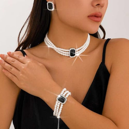 Brishow Pearl Necklace Jewelry Set Wedding Pearls Earrings Necklaces Set Bridal Crystal Bracelet Jewelry for Women (Pack of 3) - color: Black, size: 3 Layered