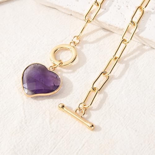 14K Gold Plated Two Sides Carved Stone Heart Shape Necklace for Women Love Pendant Necklace Jewelry for Daily and Gifts - color: Amethyst