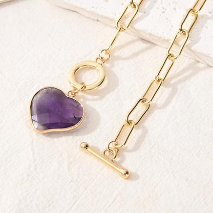 14K Gold Plated Two Sides Carved Stone Heart Shape Necklace for Women Love Pendant Necklace Jewelry for Daily and Gifts - color: Amethyst