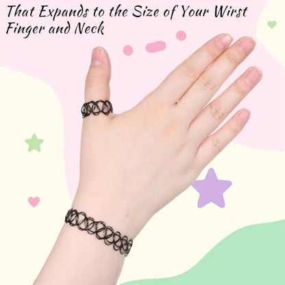 9 Pcs Tattoo Choker Necklace Bracelet Ring Set Tattoo Stretch Collection Gothic Choker Necklaces Y2K Fashion Vintage Elastic Neck Lace Stretchy Tattoos Effect Accessories for Women