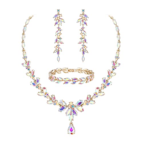 EVER FAITH Marquise Crystal Leaf Bridal Prom Jewelry Set for Women Bride | Rhinestone Wedding Party Necklace Dangle Earrings Tennis Bracelet, for Bridesmaid - color: Iridescent Clear AB Gold-Plated-Base
