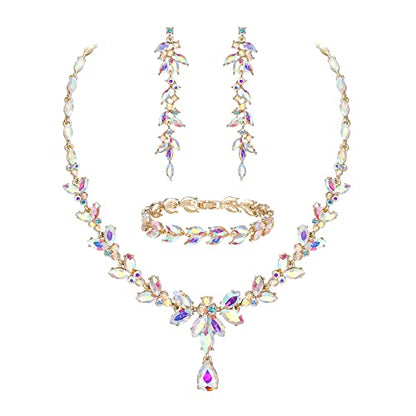 EVER FAITH Marquise Crystal Leaf Bridal Prom Jewelry Set for Women Bride | Rhinestone Wedding Party Necklace Dangle Earrings Tennis Bracelet, for Bridesmaid - color: Iridescent Clear AB Gold-Plated-Base