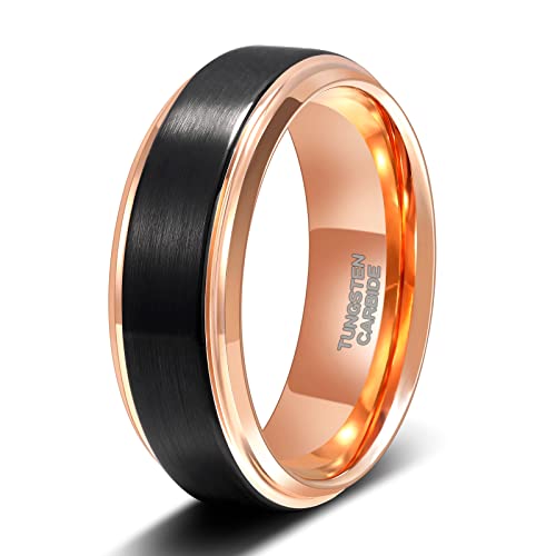 TRUMIUM 6mm 8mm Tungsten Rings for Men Women Black Wedding Band 24K Gold Plated/Rose Gold Plated Step Edges Comfort Fit Size 6-13 - color: 8mm rose gold plated