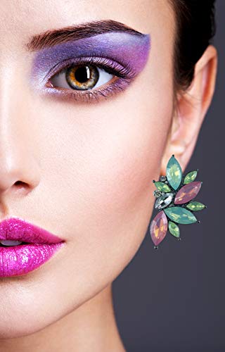 80s Funky Punk Rock Spiky Starburst Angel Wings Oversized Colorful Stones Studded Candy Cluster Women Statement Stud Earrings - color: Jade Green and Pink