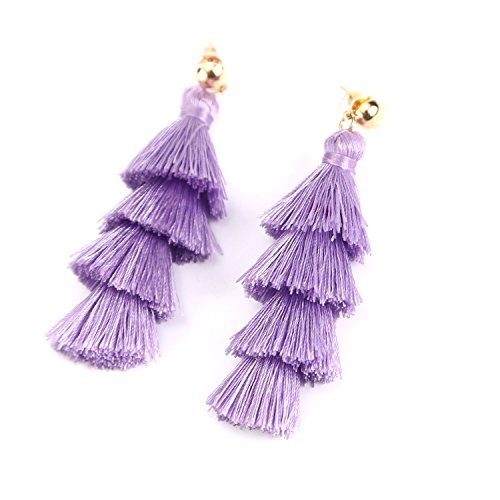 BaubleStar Bohemian Layered Tassel Drop Earrings for Women | Lightweight Statement Party Festival Jewelry - color: Lavender