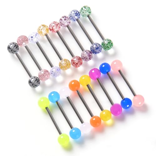 48Pcs 14G Glow in Dark Flexible Stainless Steel Straight Tongue Barbell Nipple Ring Retainer Piercing Jewelry for Women Men 16mm Bar