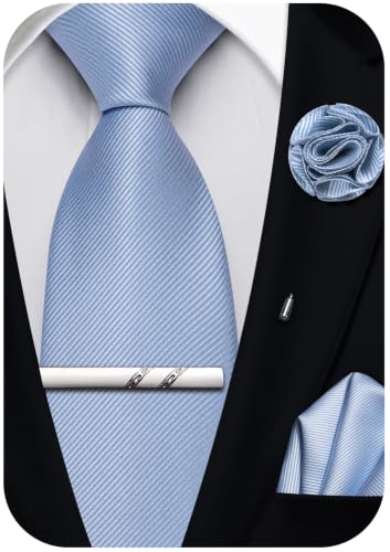 Solid Color Tie and Pocket Square with Tie Clip Lapel Pin Silk Formal Necktie Set Wedding Formal - color: Baby Blue