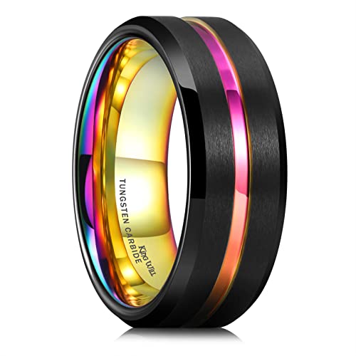 King Will Mens 8mm Cross Groove Tungsten Carbide Wedding Ring | Rose Gold, 8mm, Grooved, Comfort Fit, Cross design, Everyday Wear - color: Black Rainbow 8mm