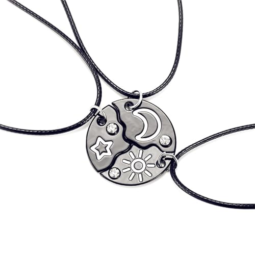 3pcs Friendship Moon Sun Star Puzzle Matching Necklace Set Gold Silver Plated Cute Crescent Round Circle Geometric Best Friend BFF Pendant Necklace for 3 Women Sisters Daughter Birthday Jewelry Gifts - color: Black