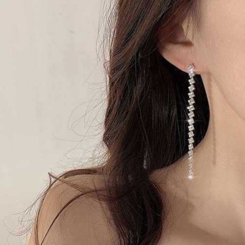 HERIER Rhinestone Earrings Dangling for Women Chandelier Statement Tassel Earrings Girls Silver Sparkly Drop Cubic Zirconia Crystal Earrings Long Dangle Costume Jewelry - color: Silver-Linear Tassel