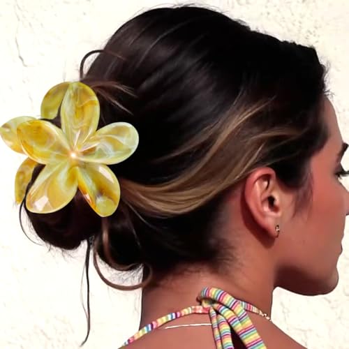 Flower Hair Clips for Women Girls Claw Clips Set Ginger-Yellow Plumeria with Marble Design Barrettes Summer Hair Clip Fashion Hair Styling Accessories for Thick Thin Hair(3Pcs:1Large 2Small) - color: Ginger-Yellow