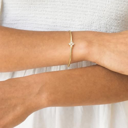 Gold Cuff Bracelets for Women, 14K Gold Plated Dainty Open CZ Cuff Bracelet Adjustable Stackable Open Bangle Bracelet Birthday Jewelry Gift for Her - color: Four Clover CZ-Gold