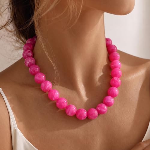 Multicolor Chunky Beaded Necklace, Statement Colorful Round Ball Beads Choker Necklace with Gold-Tone Adjustable Chain, Fashion Bold Neck Jewelry for Women - color: 16mm-Magenta