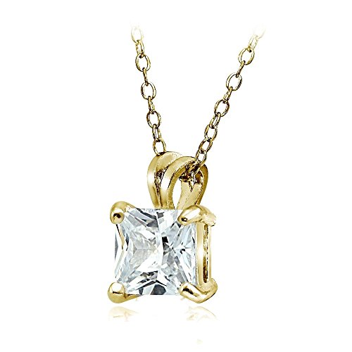 Hoops & Loops Sterling Silver, Yellow Gold Flash or Rose Gold Flash CZ Cubic Zirconia Square Solitaire Pendant Necklace - style: 12mm-Yellow Flash Silver