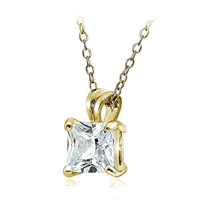 Hoops & Loops Sterling Silver, Yellow Gold Flash or Rose Gold Flash CZ Cubic Zirconia Square Solitaire Pendant Necklace - style: 12mm-Yellow Flash Silver