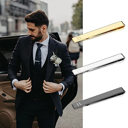 3Pcs Stainless Steel Tie Clips for Men Unique Gold Tie Bar Pin Tack Set | 3 Pcs Elegant Personalized Classic Letter Tie Clips for Men, Silver and Black Tone