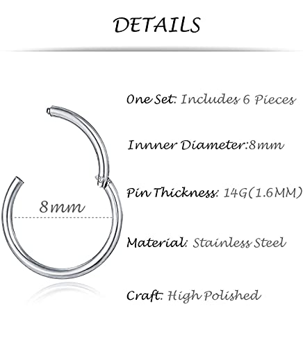 6-8Pcs 20G-18G-16G-14G Stainles Steel Clicker Ring Seamless Lip Nose Daith Cartilage Helix Tragus Hoop Ring - style: C:6 Pcs,14G(1.6mm) Pin Thickness