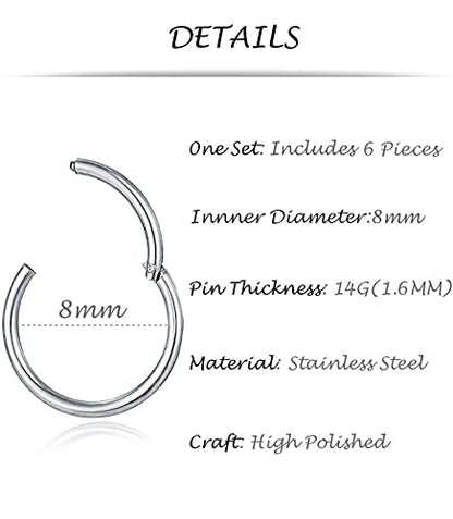 6-8Pcs 20G-18G-16G-14G Stainles Steel Clicker Ring Seamless Lip Nose Daith Cartilage Helix Tragus Hoop Ring - style: C:6 Pcs,14G(1.6mm) Pin Thickness
