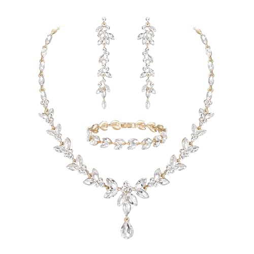 EVER FAITH Marquise Crystal Leaf Bridal Prom Jewelry Set for Women Bride | Rhinestone Wedding Party Necklace Dangle Earrings Tennis Bracelet, for Bridesmaid - color: Clear Gold -Plated-Base