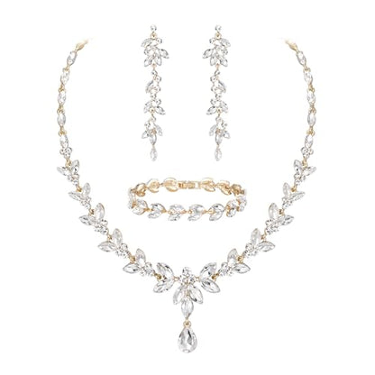 EVER FAITH Marquise Crystal Leaf Bridal Prom Jewelry Set for Women Bride | Rhinestone Wedding Party Necklace Dangle Earrings Tennis Bracelet, for Bridesmaid - color: Clear Gold -Plated-Base