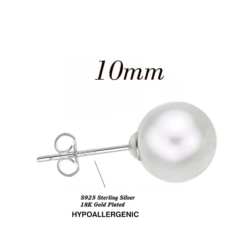 18K Gold Plated 925 Sterling Silver Shell Pearl Stud Earrings,Hypoallergenic to Sensitive Ears - style: D_L - 10mm - Silver