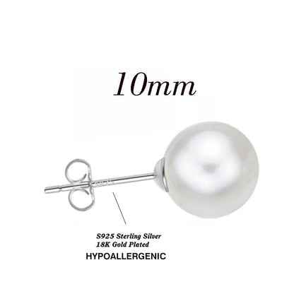 18K Gold Plated 925 Sterling Silver Shell Pearl Stud Earrings,Hypoallergenic to Sensitive Ears - style: D_L - 10mm - Silver