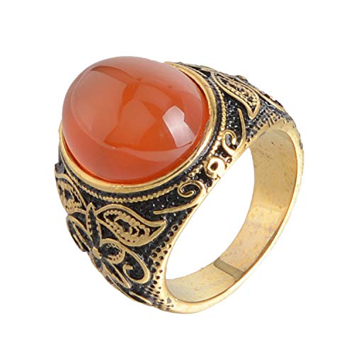 Retro Unisex Stainless Steel Oval Gemstone Hollow Flower Carved Signet Ring - color: Gold Black-Red