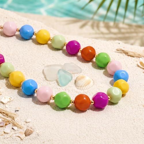 HESSAWEEL Colorful Chunky Beaded Necklace for Women Beach Jewelry | Summer Statement Choker, Adjustable Lobster Necklace, Handmade Boho Acrylic Jewelry - color: Mixed